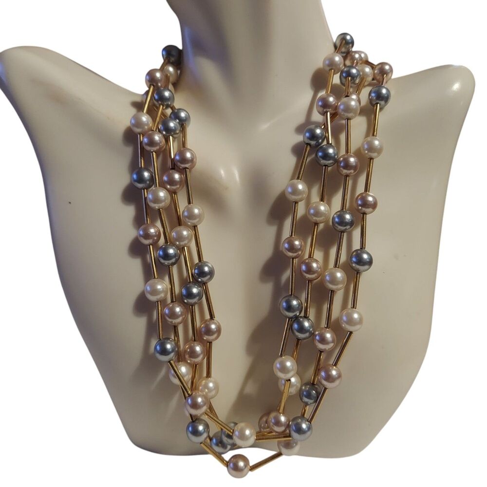 Vintage Avon Faux Pearls W/ Long Goldtone Beads 4-Stand 15"